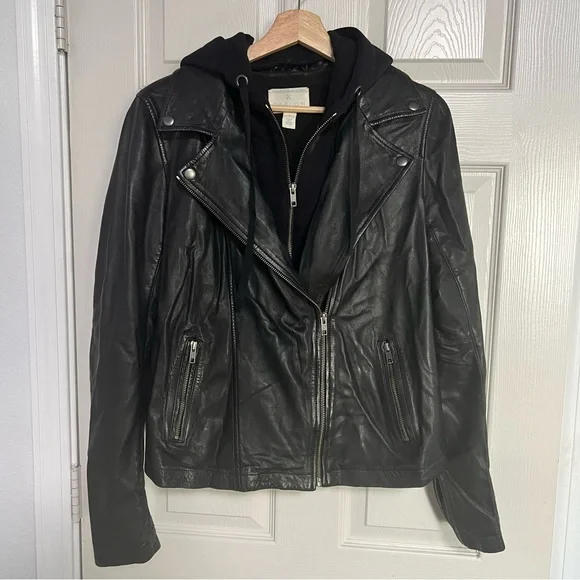 Caslon Black Leather Moto Jacket Women Large Removable Hood - Picture 8 of 16